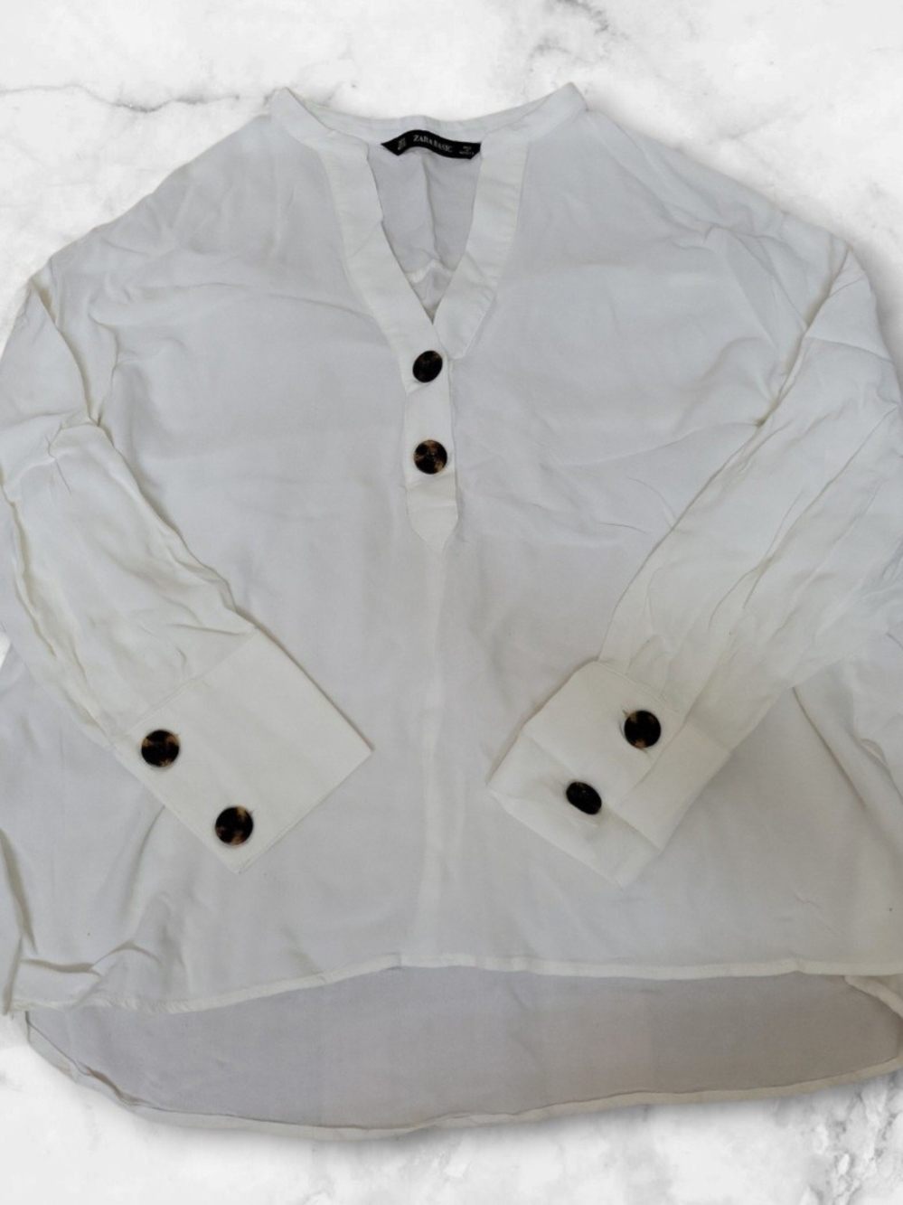 Zara White V-Neck Blouse with Tortoiseshell Buttons